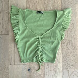 Zara Green Cinched Top with Ruffle Sleeves